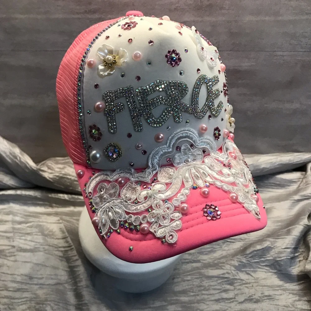 Embellished Pink and White Women’s Trucker Hat - Picture 3 of 11